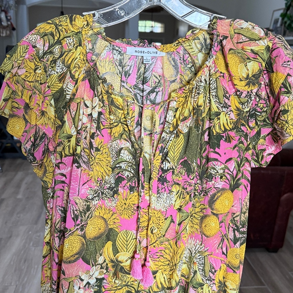 Women's Pink and Yellow Floral Blouse